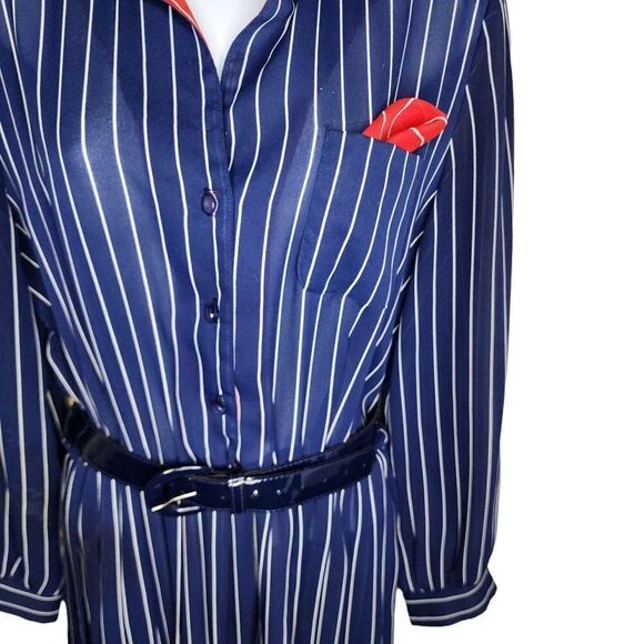 Vintage 1970s Belted Shirt Dress Womens Size M Blue Pinstripes Red Mob Accent - Picture 3 of 6
